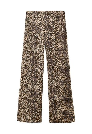 Pantalones de pierna ancha con estampado de leopardo en una tela ligera. Presenta una paleta neutra de beige y marrón con manchas negras y un ajuste relajado.