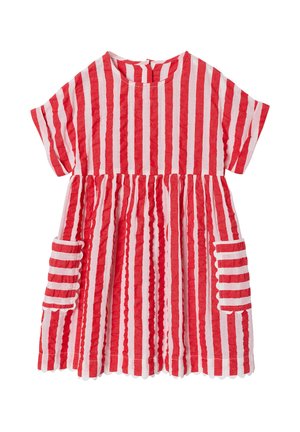 Red and white vertical striped short-sleeve dress with gathered waist and front patch pockets featuring horizontal stripes.