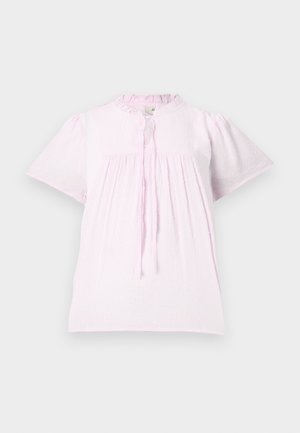 Heled roosa lühikeste varrukatega pluus, millel on volditud krae, tekstureeritud kangas ja kogutud detailid. Kaeluses on sidumiseks rihm.