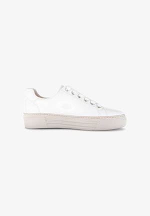 White low-top leather sneaker with white laces and beige rubber sole, shown in profile on a white background.
