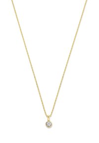 Delicate gold chain necklace with a small round pendant featuring a single clear gemstone in a gold bezel setting.
