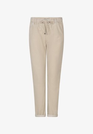 Beige letvægtsbukser med elastisk talje, snørejustering og opsmøgede kantbånd. Glat tekstureret stof, skræddersyet pasform.