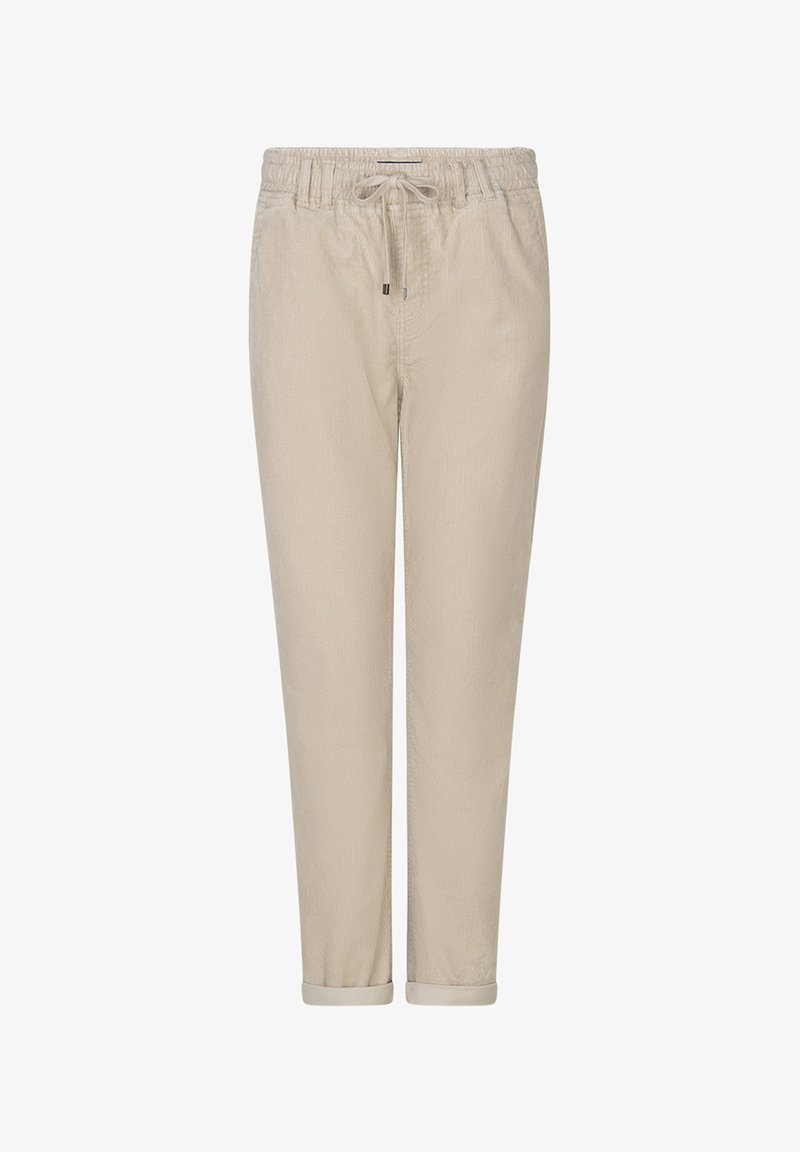 Beige letvægtsbukser med elastisk talje, snørejustering og opsmøgede kantbånd. Glat tekstureret stof, skræddersyet pasform.