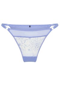 String en tulle lavande transparent avec broderies florales, doté de bretelles latérales ajustables et d'anneaux métalliques pour les détails.