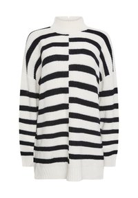 Strickpullover mit hohem Kragen, gestreift in horizontalem Schwarz und Weiß, lockere Passform sowie geripptem Saum und Bündchen.