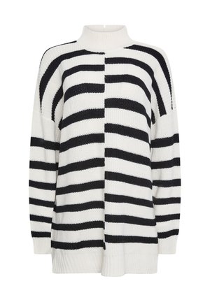 Maglione lavorato a maglia con un collo alto, caratterizzato da strisce orizzontali bianche e nere, vestibilità ampia e orlo e polsini a costine.