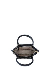 Granatowa skórzana torebka na podwójnych uchwytach, z zamknięciem na zamek i beżową wzorzystą podszewką. Posiada wnętrze z kieszeniami oraz złote akcenty metalowe.