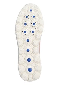Suola delle scarpe con una base in gomma bianca, caratterizzata da motivi di battistrada circolari e dettagli blu. Superficie testurizzata con fori di ventilazione.