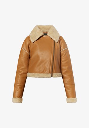 Barna bőr bombázó dzseki bézs színű műszőrme gallérral és mandzsettákkal. Elöl cipzárral és rövidített szabással rendelkezik, látható varrási részletekkel.
