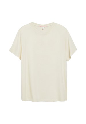 Einfarbiges beige T-Shirt mit kurzen Ärmeln und Rundhalsausschnitt, kleinem Logo auf der Brust und Etikett im Kragen.