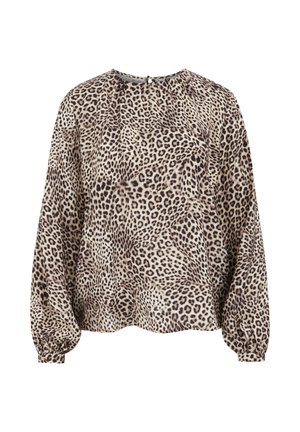 Lepardmönstrad blus med långa ärmar, rund halsringning och knäppning bak. Mjukt tyg med resårmuddar och avslappnad passform.
