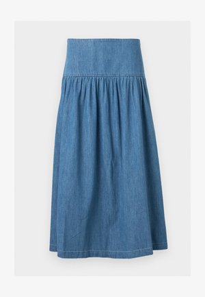 Jupe en denim bleu mi-longue avec une large ceinture élastique et un tissu froncé pour une silhouette légèrement évasée.