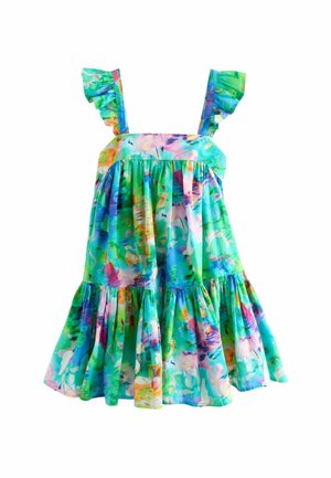 Robe sans manches colorée pour fille avec des bretelles à volants et une jupe évasée à étages aux motifs abstraits verts, bleus, roses et orange.