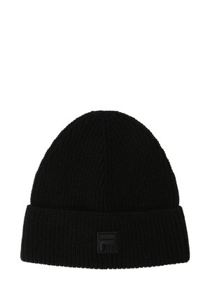 Sort strikket beanie-hat med ribbet tekstur og foldet kant. Har et lille sort logo-patch på forsiden.