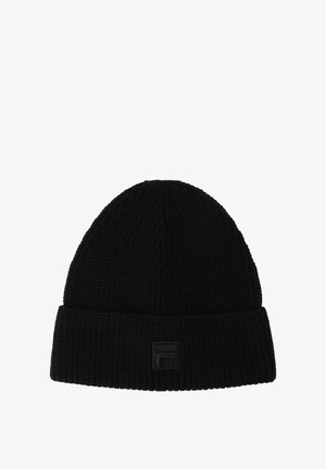 Gorro de punto negro con textura acanalada y un dobladillo. Presenta un pequeño parche de logo negro en la parte frontal.