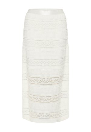 Falda blanca hasta la rodilla con patrones horizontales de encaje y una cinturilla lisa.