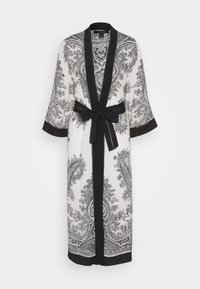 Black and white paisley robe with three-quarter sleeves, a belted waist, and contrasting black trim along the collar and cuffs.