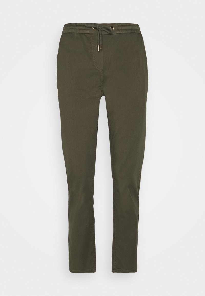 Pantalons slim-fit verts olive pour homme avec ceinture élastique et fermeture à cordon, poches avant et jambes droites, présentés sur fond blanc.