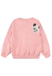 Pink sweatshirt made of soft fabric, featuring a rounded neckline, long sleeves, and an embroidered panda face on the back.
