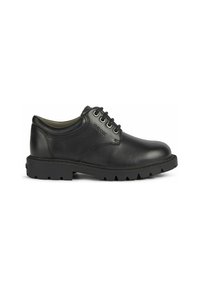 Scarpe stringate in pelle nera con punta arrotondata, suola in gomma nera spessa con battistrada robusto e branding discreto sul lato.