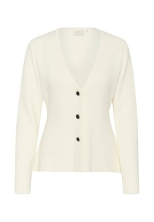 V-ringad stickad cardigan i krämvit med långa ärmar, med fyra svarta knappar framtill och en figursydd silhuett med texturerad tyg.