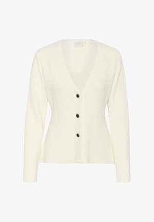 Hosszú ujjú, krém színű, V nyakú kötött kardigán, elöl négy fekete gombbal, testhezálló szabással és texturált anyaggal.