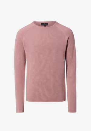 Long-sleeve pink pullover with a textured, knit design and crew neckline. Ribbed cuffs and hem provide structure.