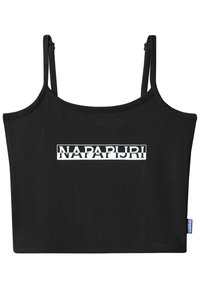 Top corto nero con spalline sottili, caratterizzato da un logo rettangolare bianco con la scritta "NAPAPIJRI" in lettere in grassetto. Tessuto dalla texture liscia.