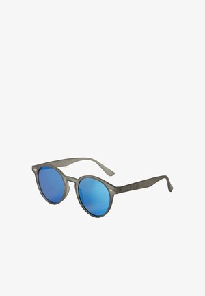 Round-frame sunglasses with translucent gray arms and blue mirrored lenses angled slightly to the right.