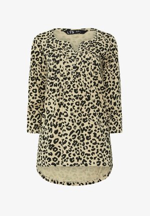 Blusa de estampado de leopardo con escote redondeado, mangas de tres cuartos, botonera y dobladillo curvado. Confeccionada con una tela suave y ligera.