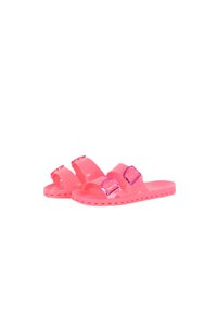 Ciabatte in plastica rosa con due cinturini regolabili, dotate di una soletta texturizzata e di una suola decorata per una maggiore presa.
