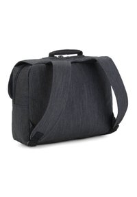 Borsa per laptop in tessuto grigio scuro con forma rettangolare, spallacci imbottiti, maniglia superiore e chiusura con zip. Presenta tasche laterali.