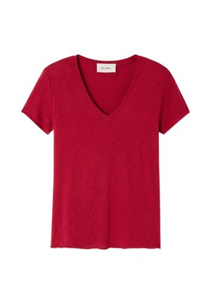 Červené tričko s V-krkom vyrobené z jemného a ľahkého materiálu s krátkymi rukávmi a mierne zakriveným lemom. Čistý, jednoduchý dizajn s melírovanou textúrou.