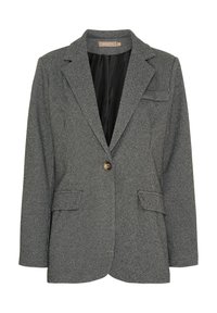 Grå hundetandsmønstret jakke med enkelt-knap, hakkede revers, klaplommer, brystlomme med åbning og sort inderfor.