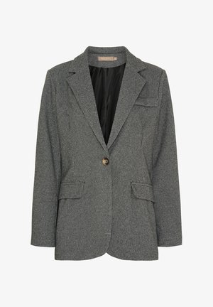 Grå hundetandsmønstret jakke med enkelt-knap, hakkede revers, klaplommer, brystlomme med åbning og sort inderfor.