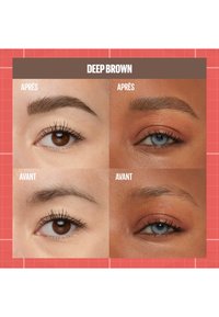 Images avant et après de deux yeux mettant en valeur un maquillage brun profond. Les caractéristiques comprennent des sourcils définis, des cils foncés et des tons de peau variés.