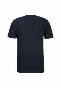 Kurzarm-T-Shirt aus navyblauem Baumwollstoff mit Rundhalsausschnitt und glatter Textur; einfach, einfarbig ohne Muster oder Verzierungen.