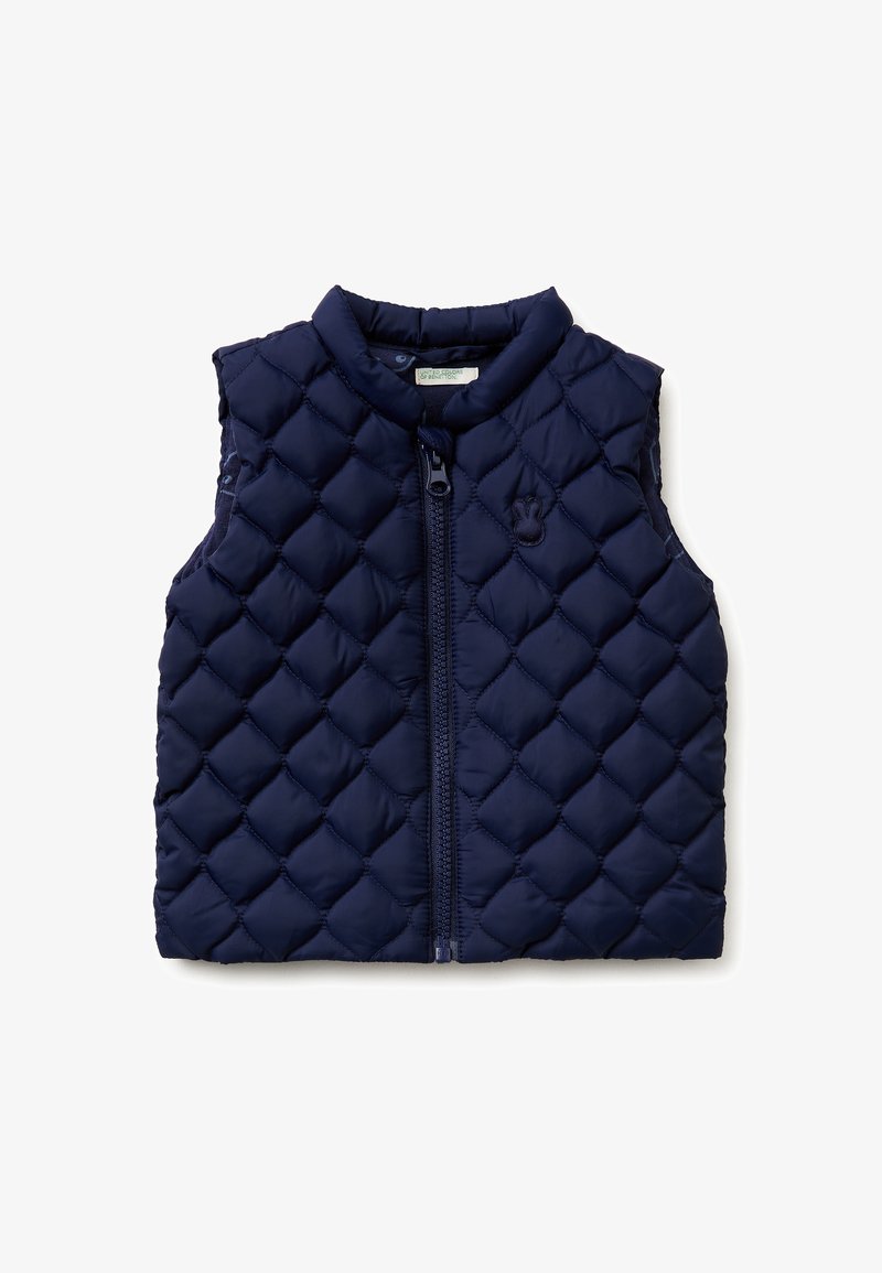 Granatowa pikowana bezrękawnik z przednim zamkiem błyskawicznym i subtelnym haftowanym logo na lewej piersi.