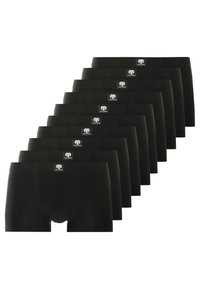 Black cotton boxer briefs in a pack of ten. Features elastic waistband with logo, smooth texture, and tailored fit.