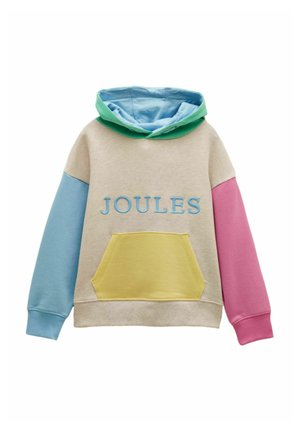 Beige hoodie with blue hood lining, blue left sleeve, pink right sleeve, yellow front pocket, and "JOULES" in blue letters on front.