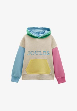 Beež kapuutsiga dressipluus, millel on sinine kapuutsi vooder, sinine vasak varrukas, roosa parem varrukas, kollane esitasku ja esiküljel siniste tähtedega "JOULES".