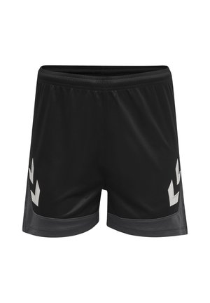 Zwarte atletiekshorts met elastische tailleband en grijze chevronpatronen aan de onderkanten, geschikt voor sport of casual gebruik.
