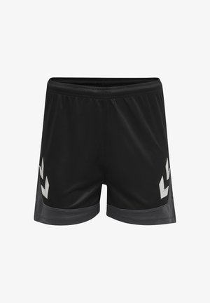 Zwarte atletiekshorts met elastische tailleband en grijze chevronpatronen aan de onderkanten, geschikt voor sport of casual gebruik.