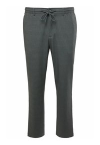 Graue gestreifte Hose mit elastischem Bund, verstellbarem Kordelzug, Seitentaschen und geradem Bein.