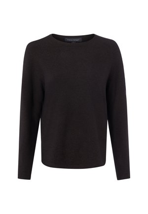 Pull noir à manches longues col rond, avec un tricot simple et uni sans motifs ni logos visibles.