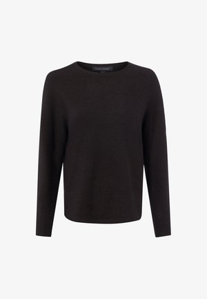 Pull noir à manches longues col rond, avec un tricot simple et uni sans motifs ni logos visibles.