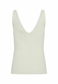 Ribbed, v-neck tank top vaale vihreänä. Ominaisuuksina tiukka muotoilu, sileä pinta ja leveät olkaimet. Takakappale on yksinkertainen.