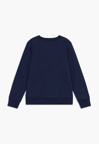 Felpa crewneck a maniche lunghe di colore blu navy con polsini e orlo a coste, mostrata da dietro su uno sfondo bianco.