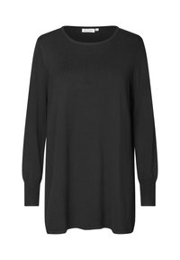 Maglia nera a maniche lunghe con colletto rotondo, texture morbida, vestibilità ampia e polsini a coste. Design semplice senza motivi o decorazioni.