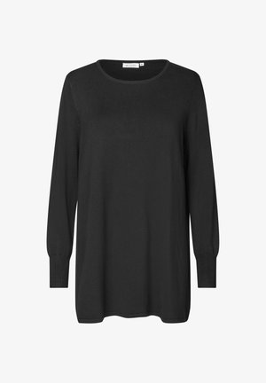 Sort langærmet top med rund hals, blød tekstur, løs pasform og ribbede manchetter. Simpelt design uden mønstre eller udsmykninger.